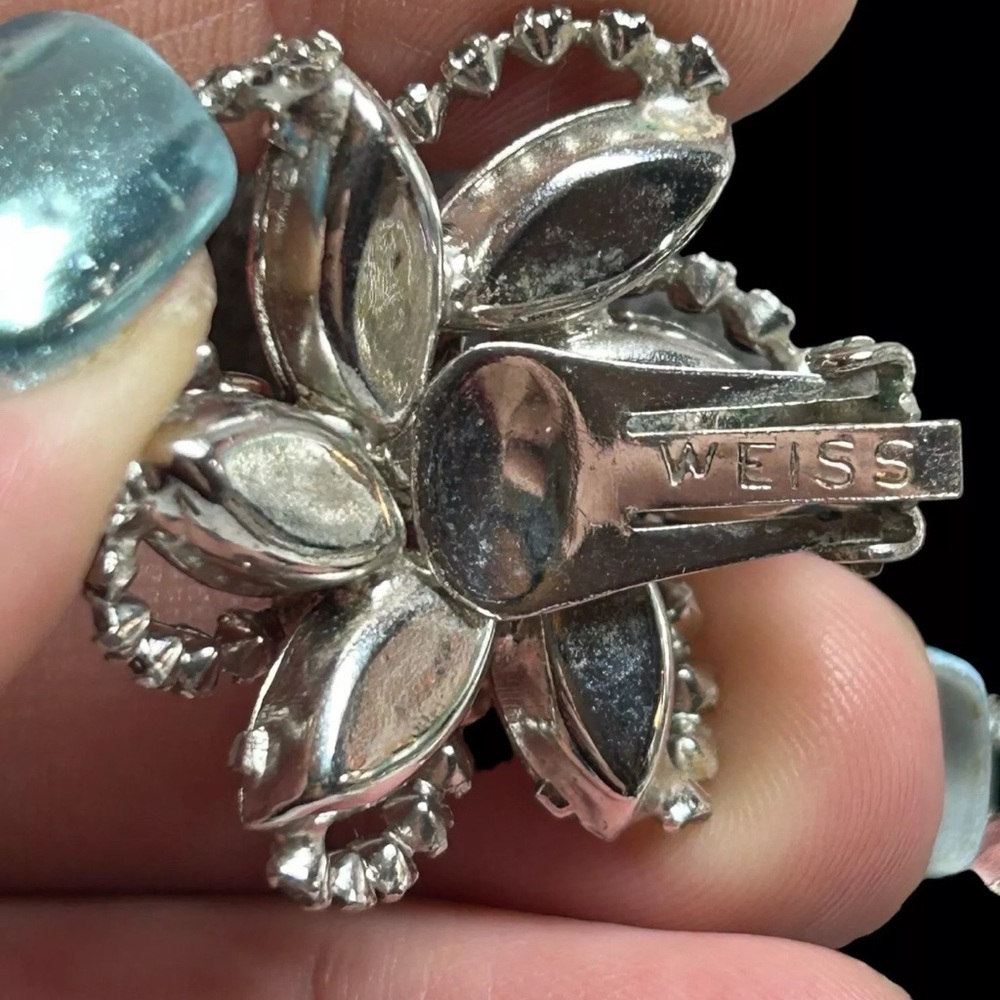 Signed Weiss Silvertone Clear & Pink Crystal Pinwheel Bracelet Clip On Earrings - Picture 8 of 13